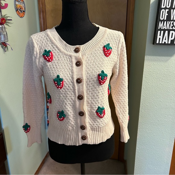 Over Kleshas Sweaters - Over Kleshas cream textured cardigan with crochet strawberries size M